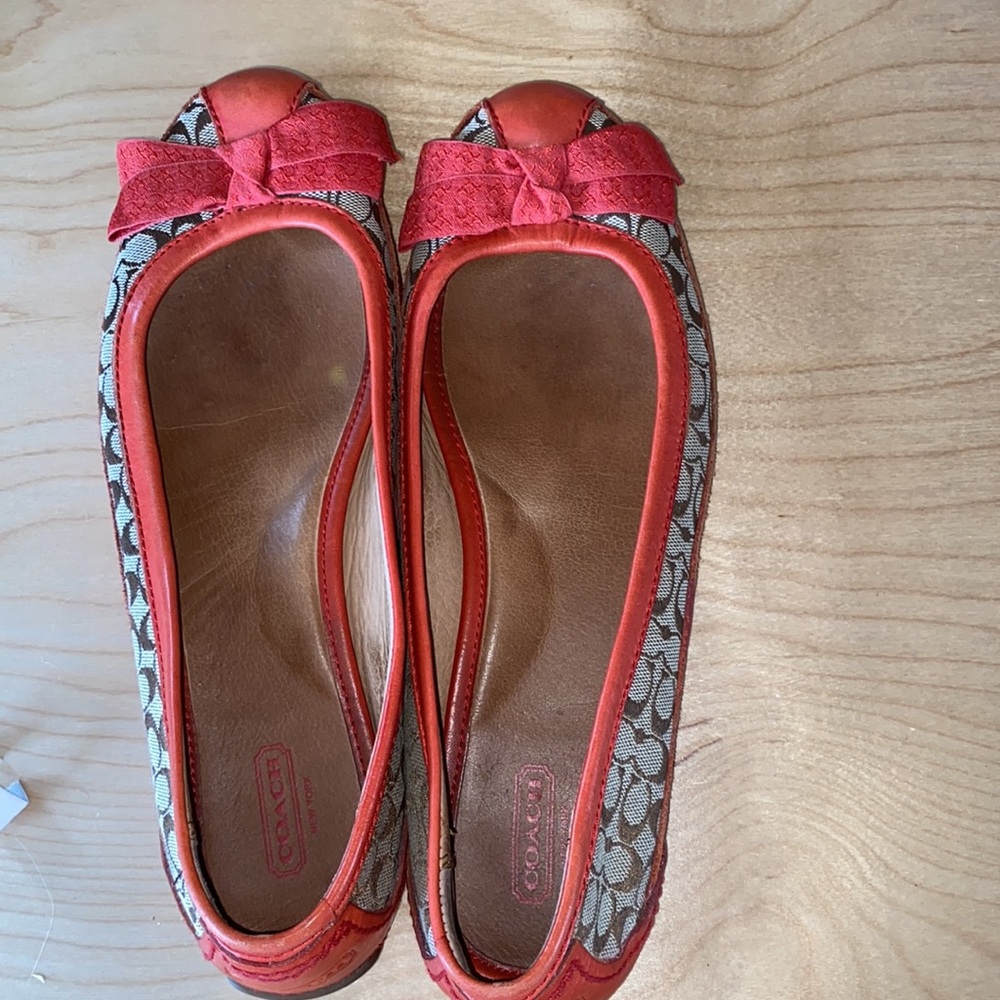 COACH Signature & Orange Leather Trim Bow Flat Slip On Shoe